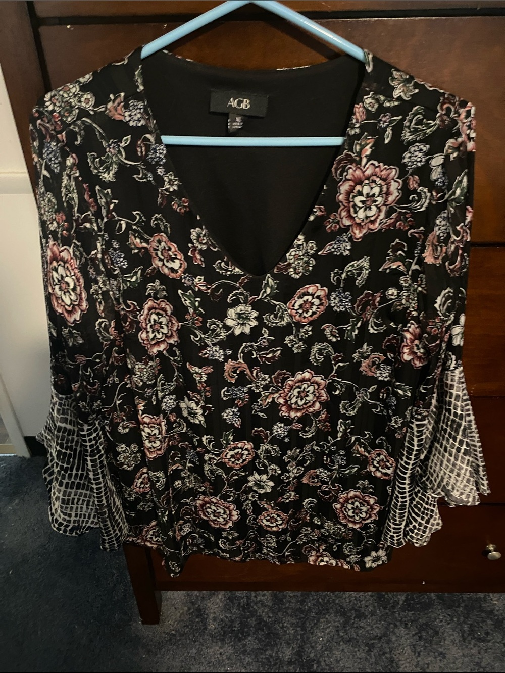 AGB Black Floral V-Neck Bell Sleeve Blouse with Pink Accents